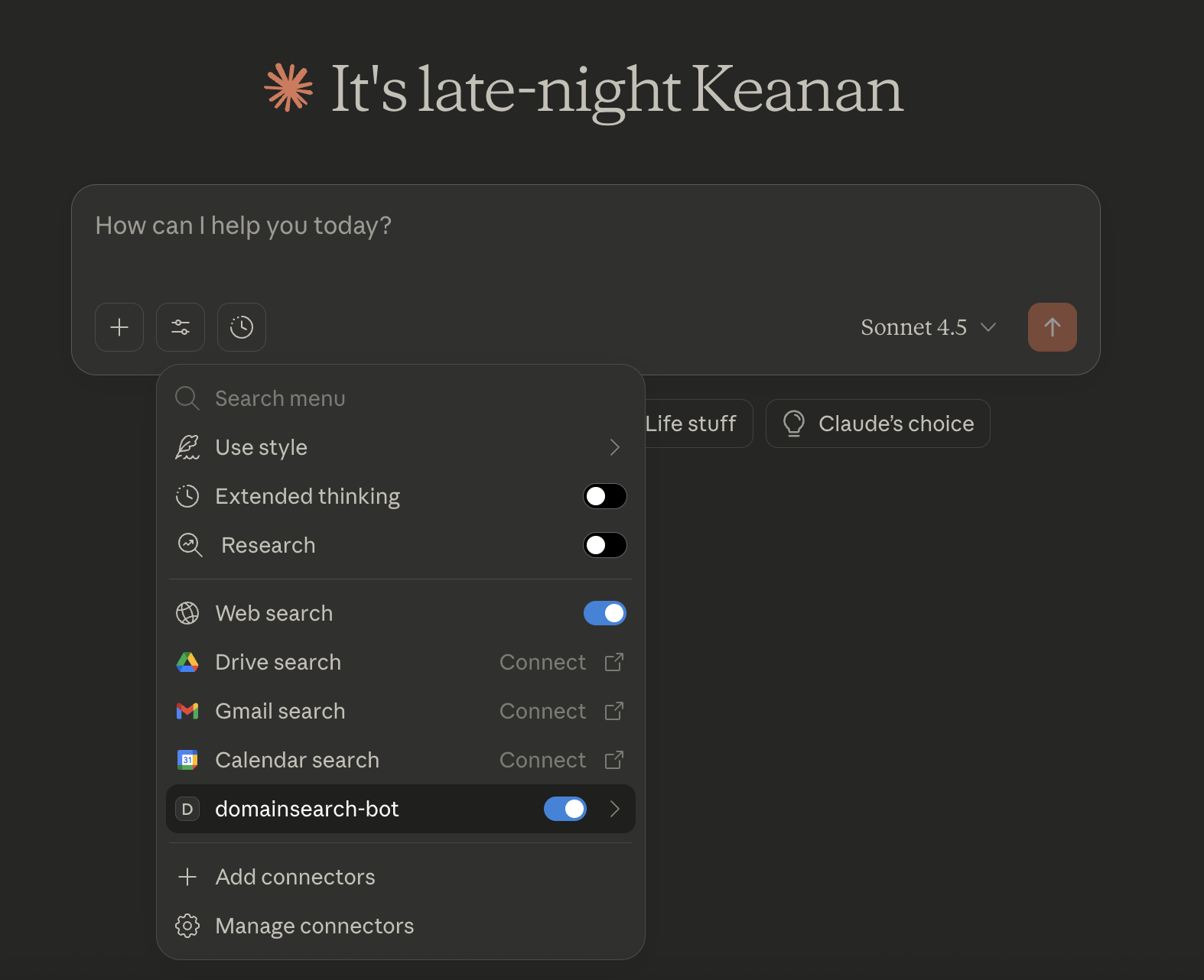 Claude Desktop with domainsearch-bot connected